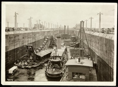 View of barges in the Panama Canal under construction by Byron Company